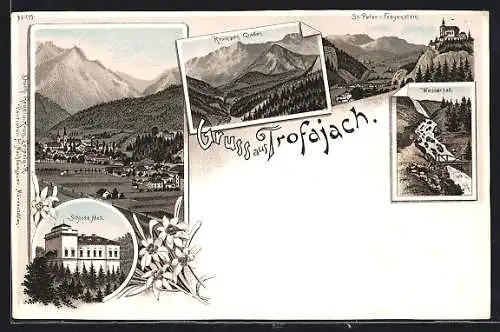 Lithographie Trofaiach, Schloss Mell, Wasserfall, Ortsansicht