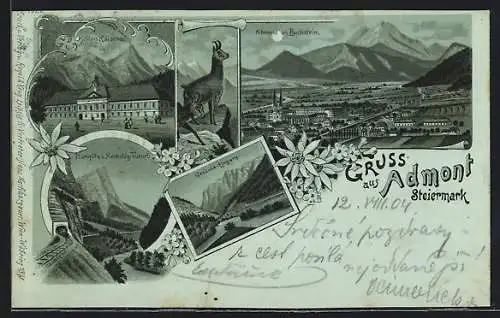 Mondschein-Lithographie Admont /Steiermark, Schloss Kaiserau, Planspitz und Hochsteg-Tunnel, Ortsansicht