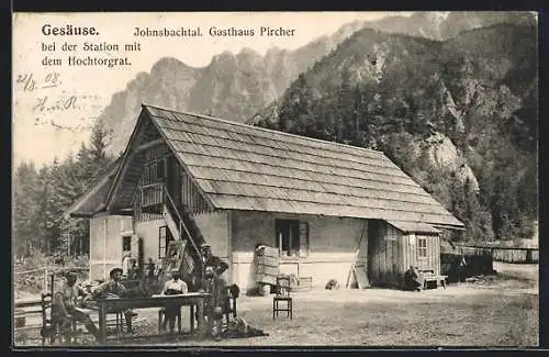 AK Johnsbach im Gesäuse, Johnsbachtal, Gasthaus Pircher mit Blick zum Hochtorgrat