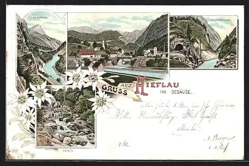 Lithographie Hieflau im Gesäuse, Scheibentunnel, Im Kummer, Ortsansicht