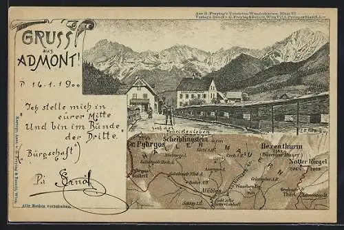 Lithographie Admont, Schells Gasthaus, Landkarte