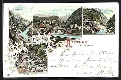 Lithographie Hieflau, Ortsansicht, Im Kummer und Scheibentunnel