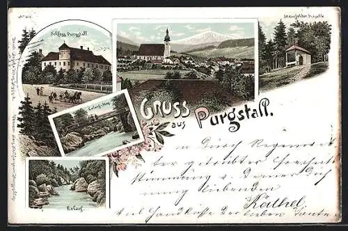 Lithographie Purgstall /N.-Oe., Schloss, Steinfelder Kapelle, Erlauf-Steg