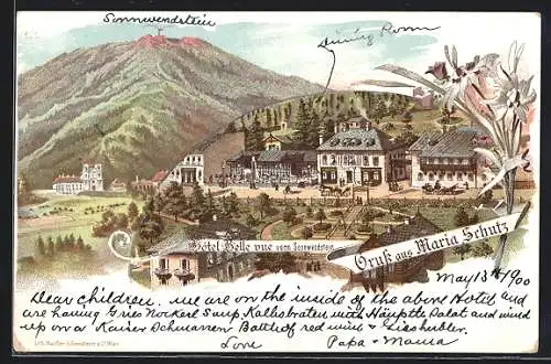 Lithographie Maria Schutz am Semmering, Hotel Bellevue, Ortsansicht mit Kirche und dem Sonnwendstein