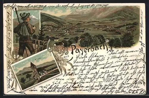 Lithographie Payerbach, Kirche, Ortsansicht aus der Vogelschau