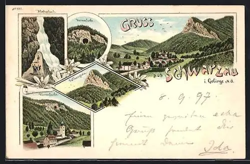 Lithographie Schwarzau i. Gebirge, Klafterbach, Herrenlucke, Falkenstein