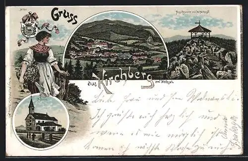 Lithographie Kirchberg am Wechsel, Totalansicht, Aussichtswarte auf der Wolfenkogel, Kirche St. Corona