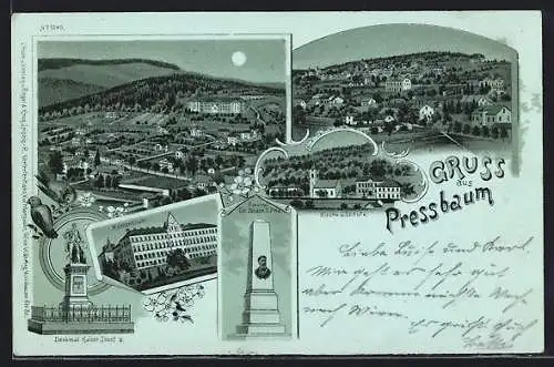 Mondschein-Lithographie Pressbaum, Norbertinum, Kirche und Schule, Ortsansicht