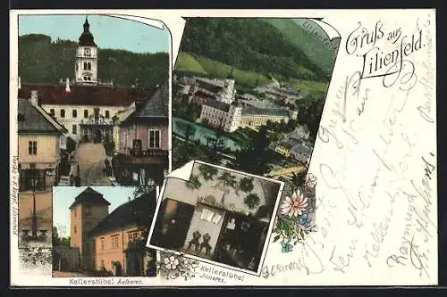 Passepartout-AK Lilienfeld, Gasthaus Kellerstübel, Strassenpartie mit Kirche, Teilansicht