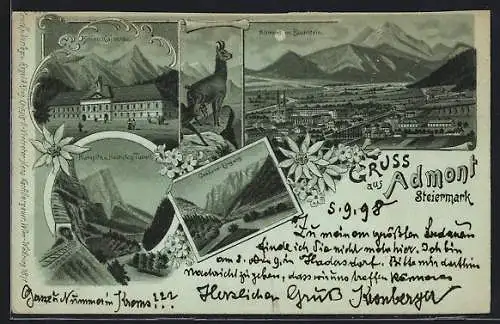 Lithographie Admont /Steiermark, Schloss Kaiserau, Gesäuse-Eingang, Ortsansicht