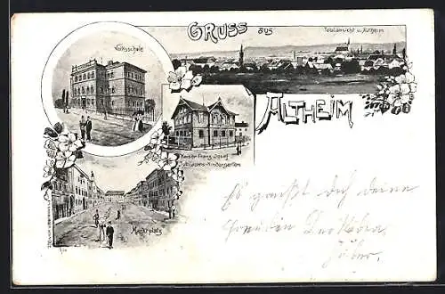 Lithographie Altheim, Volksschule, Kaiser Franz Josef Jubiläums-Kindergarten, Marktplatz