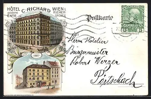 Lithographie Wien, Hotel goldene Ente v. C. Richard, Riemergasse 4