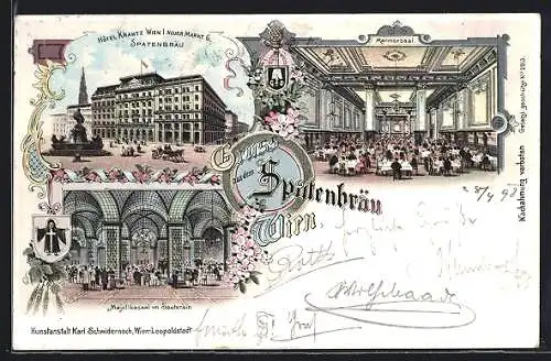 Lithographie Wien, Hôtel Krantz, Neuer Markt 6, Spatenbräu, Marmorsaal, Majolikasaal im Souterain