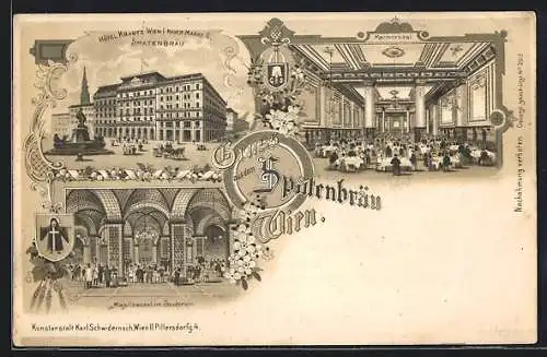 Lithographie Wien, Hôtel Krantz, Neuer Markt 6, Spatenbräu, Marmorsaal, Majolikasaal im Souterain