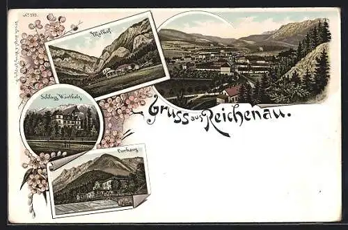 Lithographie Reichenau, Schloss Wartholz, Curhaus, Thalhof