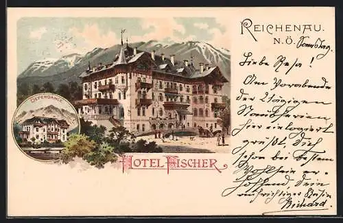 Lithographie Reichenau, Hotel Fischer gegen die Berge