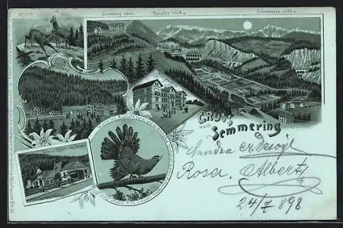 Mondschein-Lithographie Semmering, Hotel Waldhof, Gasthaus Erzherzog Johann, Semmering Hotel