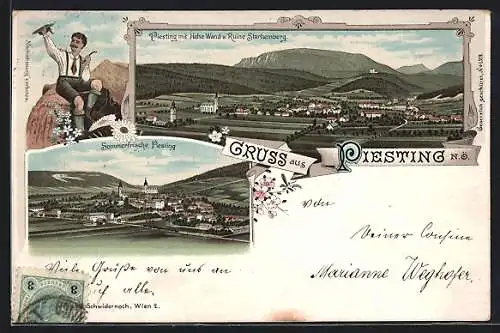 Lithographie Piesting /N.Ö., Ortsansicht mit Hohe Wand u. Ruine Starhemberg