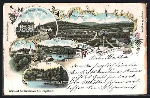 Lithographie Neuhaus /Wienerwald, Hotel Stephanie u. Hotel Neuhaus, Alte Burg und Villen-Anlage