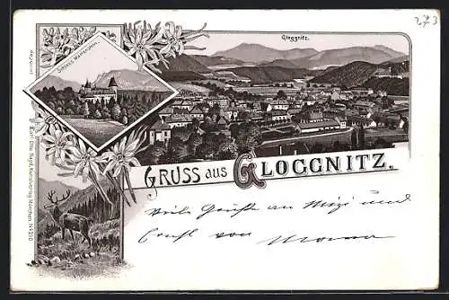 Lithographie Gloggnitz, Totalansicht, Schloss Wartenstein & Hirsch