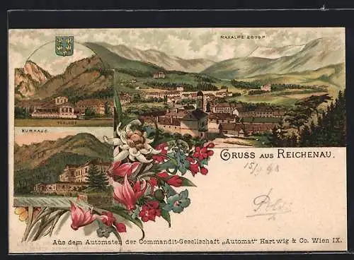 Lithographie Reichenau, Hotel Thalhof, Kurhaus, Ortsansicht mit Raxalpe