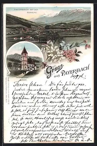 Lithographie Payerbach, Kirche, Ortsansicht gegen Raxalpe