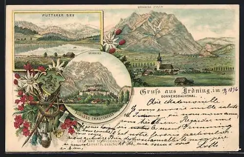 Lithographie Irdning im Donnersbachthal, Schloss Trautenfels, Ortsansicht mit Grimming, Putterer See