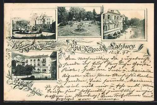 AK Salzburg, Hotel Nelboeck, Vorderansicht und Gartenpartie