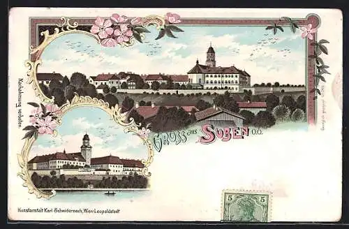 Lithographie Suben, Blick auf Kloster und Pfarrkirche