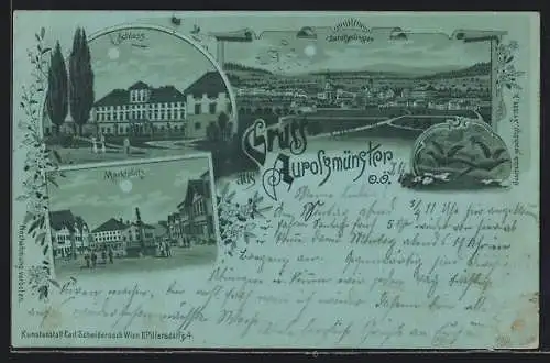 Mondschein-Lithographie Aurolzmünster /O.Ö., Schloss, Marktplatz mit Denkmal