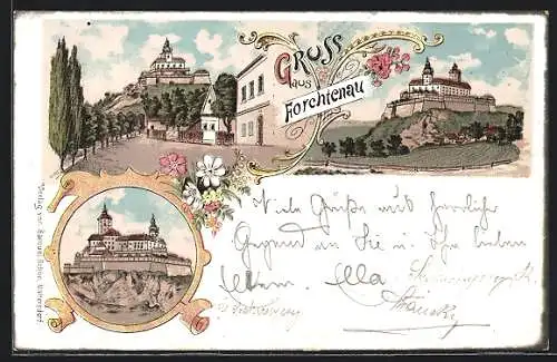 Lithographie Forchtenau, Strassenpartie mit Blick zum Schloss, Schlossansicht