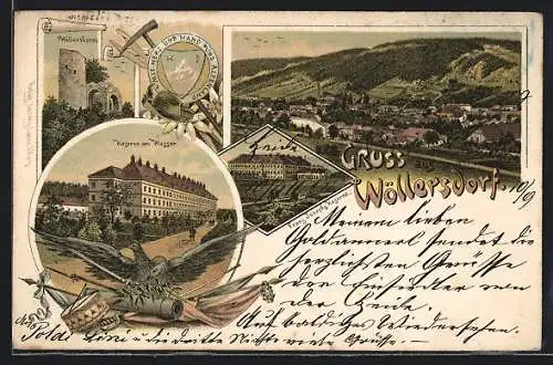 Lithographie Wöllersdorf, Franz Josephs Kaserne, Höllenthurm, Kaserne am Wasser
