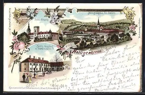 Lithographie Heiligenkreuz /Nied.-Oest., Totalansicht, Stifts-Gasthaus, Stifts-Eingang