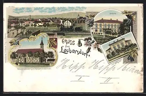Lithographie Leobersdorf, Fabriks-Restaurant von Ganz & Co., Wallfahrtskirche zum heilsamen Brunnen, Schule