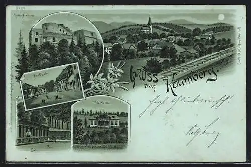 Mondschein-Lithographie Kaumberg, Ruine Aaraburg, Villa Weber, Marktplatz