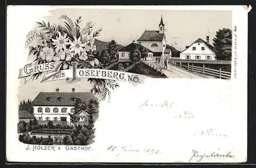 Lithographie Annaberg /N.Ö., Josefberg, Gasthof von J. Holzer, Ortspartie mit Kirche