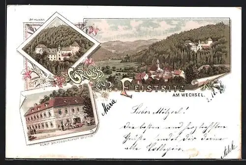 Lithographie Feistritz am Wechsel, Fürst Solkowskirchner Gasthof, Schloss, Ortsansicht