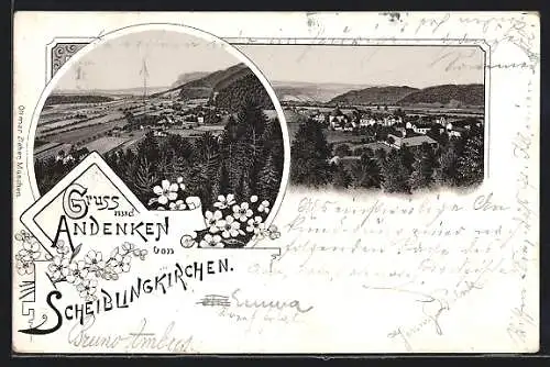 Lithographie Scheiblingkirchen, Ortsansicht aus der Vogelschau