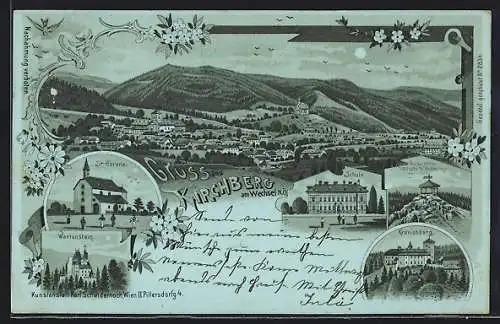Mondschein-Lithographie Kirchberg am Wechsel, Kirche St. Corona, Aussichts-Gloriette a. d. Wolfenkogel, Wartenstein
