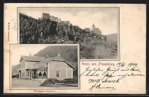 AK Frauenburg, Gasthaus Wittingauer Bierkeller, Ortsansicht mit Burg