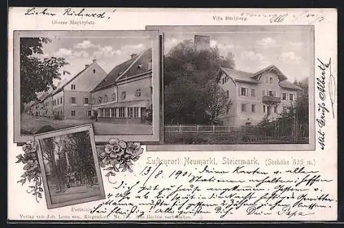 AK Neumarkt /Steiermark, Villa Buchberg, Pestsäule, Oberer Marktplatz