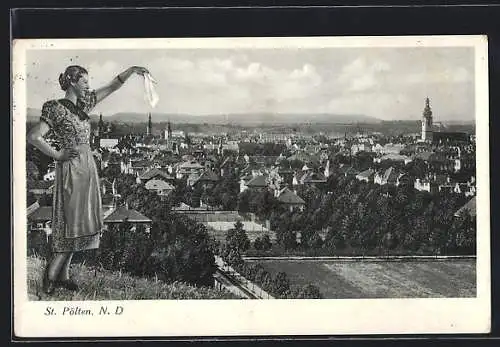 AK St. Pölten, Gesamtansicht, Österreicherin winkt im Trachtenkleid