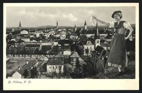 AK St. Pölten /N. D., Gesamtansicht, Mädchen in Tracht winkt mit dem Taschentuch