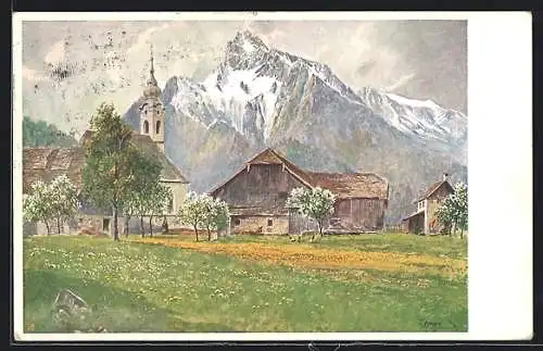 AK Morzg, Ortsansicht mit Kirche und Untersberg