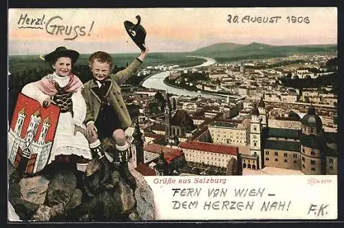 AK Salzburg, Panorama & Kinderpaar mit Wappen