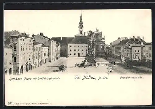 AK St. Pölten /N.-Oe., Rathaus-Platz mit Dreifaltigkeitssäule und Franziskanerkirche