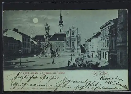 Mondschein-AK St. Pölten, Rathausplatz mit Franziskanerkirche