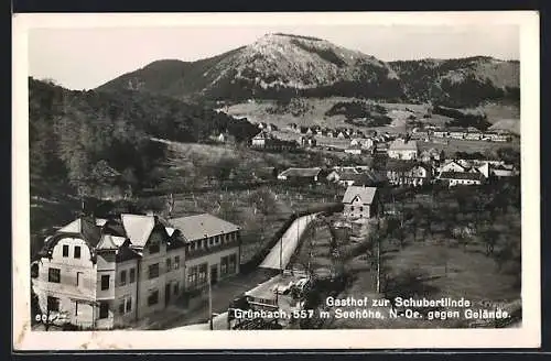 AK Grünbach, Blick auf den Gasthof zur Schubertlinde gegen Gelände