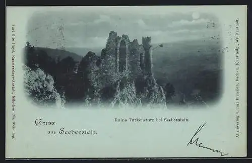 Mondschein-AK Seebenstein, Ruine Türkensturz