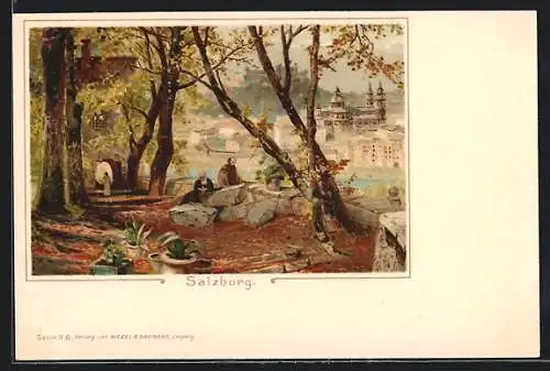 Künstler-AK Salzburg, auf dem Weg mit Stadtblick